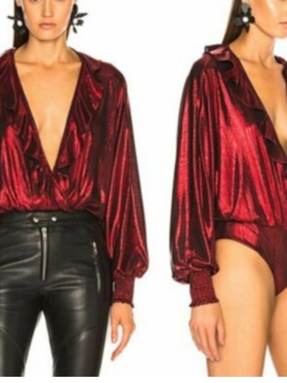 Retrofete Fiona Metallic Red Ruffle Plunge body suit